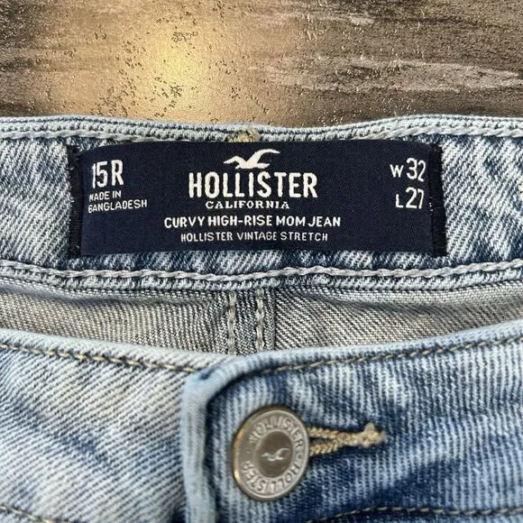 Hollister Curvy High-Rise Mom Jean 15R or 32x27 Light Wash Capri Stone Wash - Picture 3 of 15